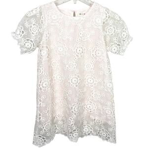 Mae-Li Girls Flower Lace Illusion Dress Short Puff Sleeve Pink Lining Size 7